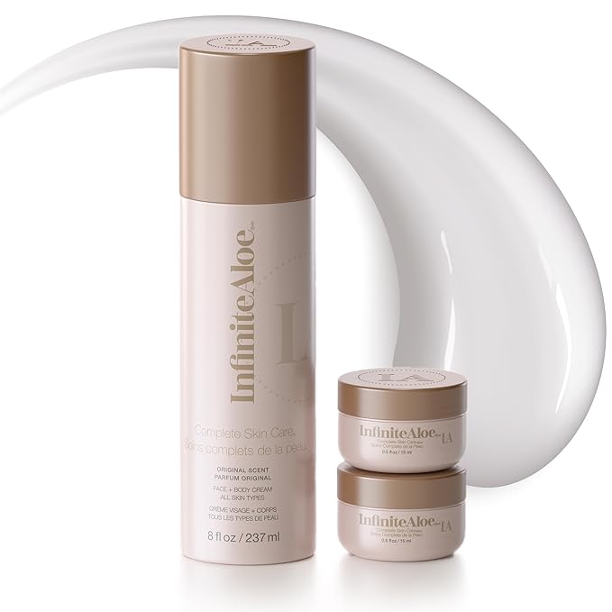 InfiniteAloe Complete Skin Care, Aloe Vera Powered Face and Body Cream for All Skin Types, Effective on Dry Skin, Original Scent - Airless Pump & 2 Travel Jar 0.5 oz