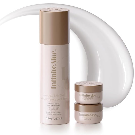 InfiniteAloe Complete Skin Care, Aloe Vera Powered Face and Body Cream for All Skin Types, Effective on Dry Skin, Original Scent - Airless Pump & 2 Travel Jar 0.5 oz