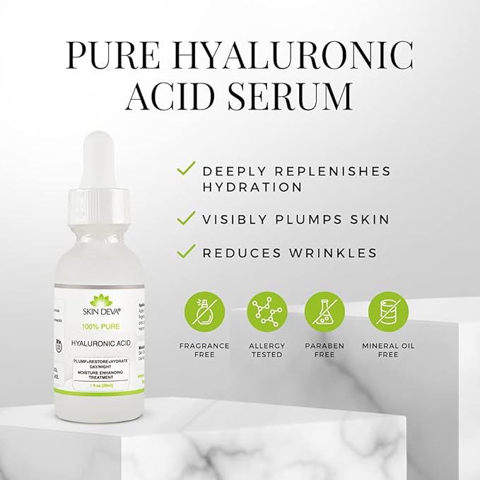 SKIN DEVA 100% Pure Hyaluronic Acid Serum For Face 1 oz of Discoloration Correcting Serum Anti Aging Anti Wrinkle Acid Locks in Essential Moisture Keeps Skin Hydrated Facial Serums For All Skin Types