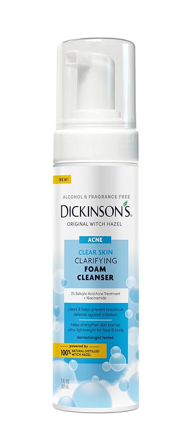 Dickinson's Witch Hazel Acne Foam Cleanser with 2% Salicylic Acid, Niacinamide & Tea Tree | Alcohol-Free, Fragrance-Free | Gentle Daily Face Wash for Clear Skin | 7 Fl Oz
