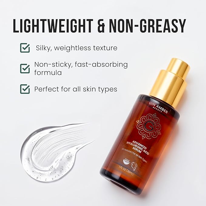 Gin Amber Beauty - Advanced Hyaluronic Acid Serum For Face - Hydrating Facial Serum - Face Serum Hyaluronic Acid (1 fl. oz, 30 ml)