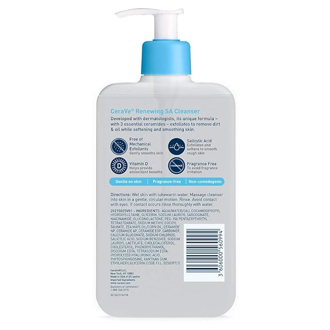 CeraVe Renewing Salicylic Acid Cleanser, Formulated With Hyaluronic Acid, Niacinamide, & Ceramides, Gentle BHA Exfoliating Face Wash Smooths & Softens Skin, Non Comedogenic & Fragrance Free, 16 Ounce