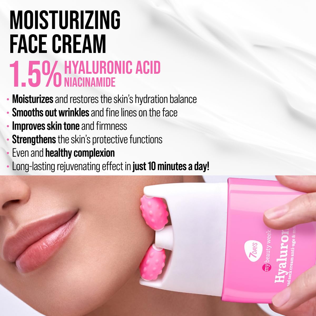 7DAYS Face Moisturizer with Hyaluronic Acid – Korean Skin Care Daily Face Cream for Women – Anti Aging, Anti-Wrinkle, Firming – with Face Roller & Neck Massager – 1.35 fl oz