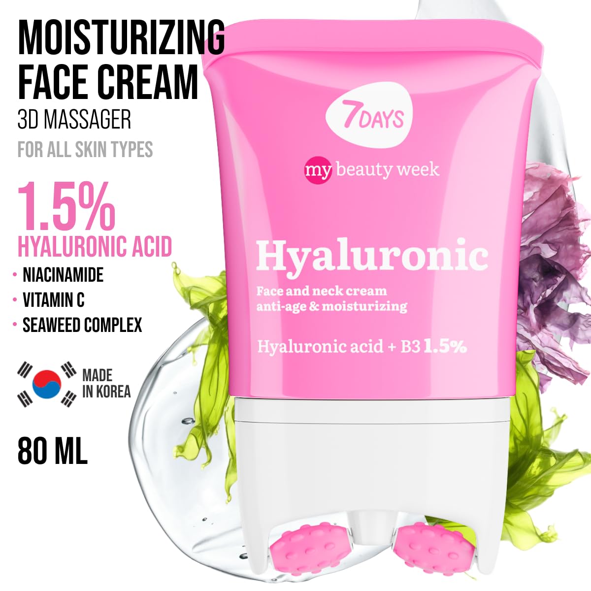 7DAYS Face Moisturizer with Hyaluronic Acid – Korean Skin Care Daily Face Cream for Women – Anti Aging, Anti-Wrinkle, Firming – with Face Roller & Neck Massager – 2.7 fl oz