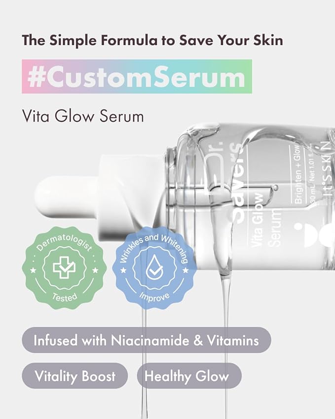 IT’S SKIN Dr.Savers Vita Glow Serum 1.01 fl.oz, Glow Face Serum with Niacinamide and Vitamins, Crystal Clear, Lightweight Watery Texture for Even Skintone, Radiance Boost Korean Skincare