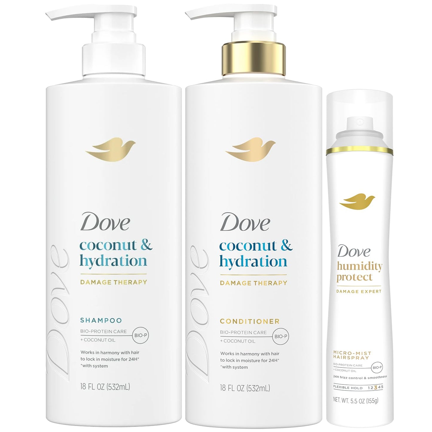 Dove Shampoo & Conditioner Set, Coconut & Hydration, with Dove Flexible Hold Hairspray, Compressed Micro Mist – Deep Hydration for Revitalizing Dry, Damaged Hair & Styling (3 Piece Set)