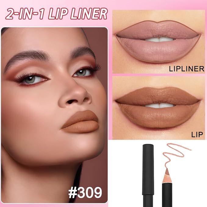 2 Pcs Natural Nude Brown Beige Colors Lip Liner Lipstick Pencils Set for Daily Makeup,Easy to Apply & Remove,Waterproof