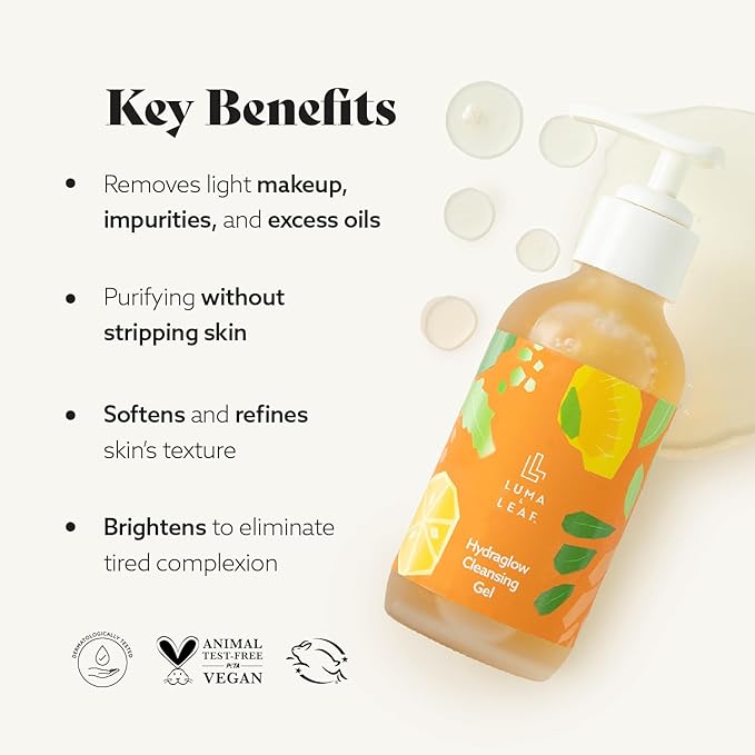 LUMA & LEAF Hydraglow Gel Face Cleanser - 3.8 fl oz Brightening Daily Cleanser Face Wash with Botanical Fruit Enzyme Blend and Hyaluronic Acid Hydration – For all Skin Types