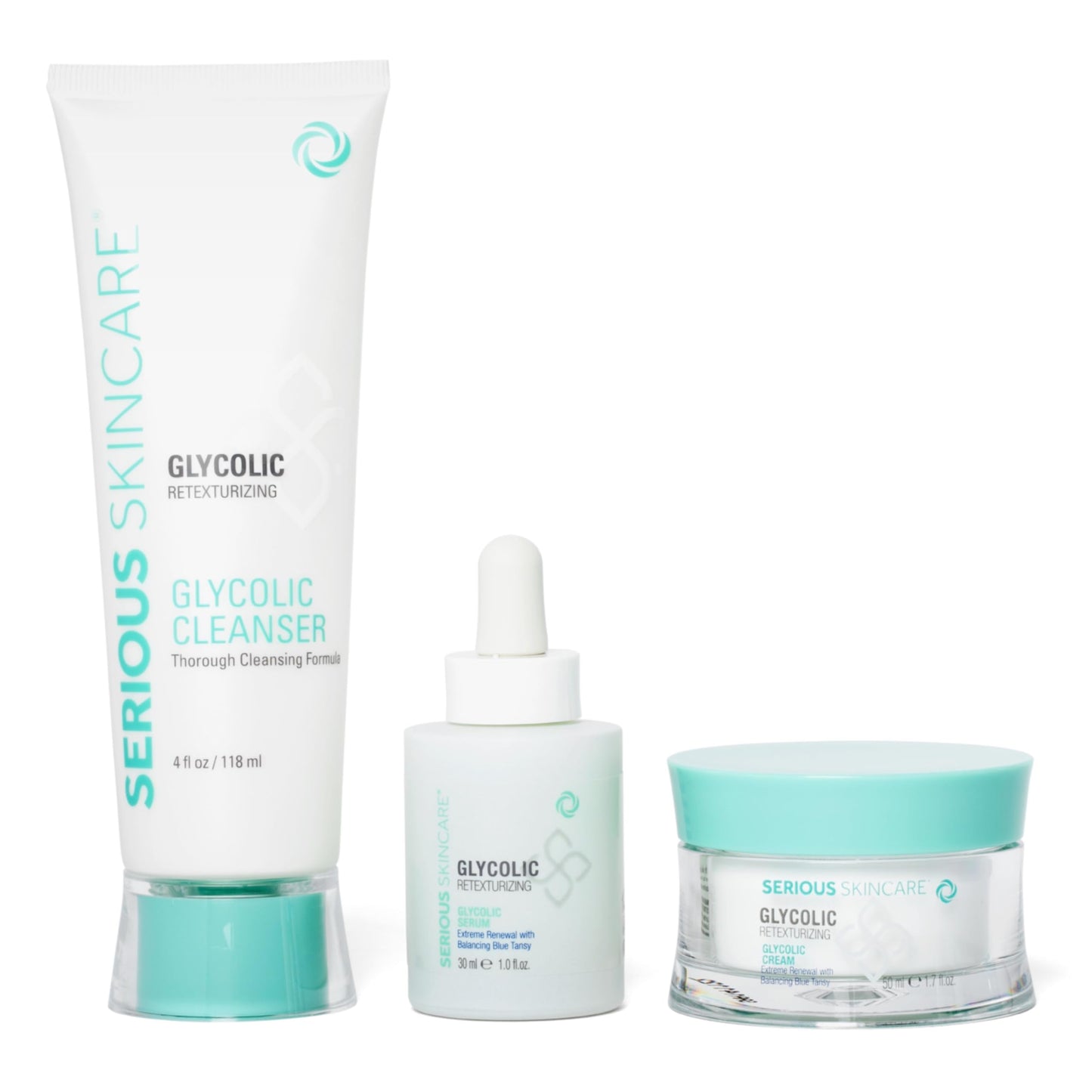 Serious Skincare Glycolic Skin Renewal Set - Retexturizing Serum - Facial Moisture Cream - Face Wash Cleanser - Balancing Blue Tansy Extract - Improve Appearance of Lines, Wrinkles and Enlarged Pores