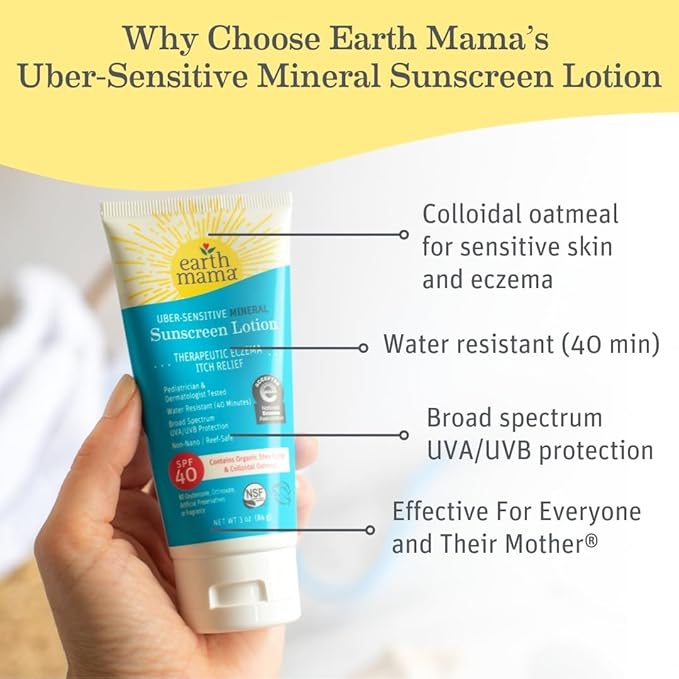 Earth Mama Uber-Sensitive Mineral Sunscreen Lotion SPF 40 | Reef Safe, Non-Nano Zinc, Contains Organic Colloidal Oatmeal | Steroid-Free Eczema Cream for Baby, Kid & Family, 3-Ounce