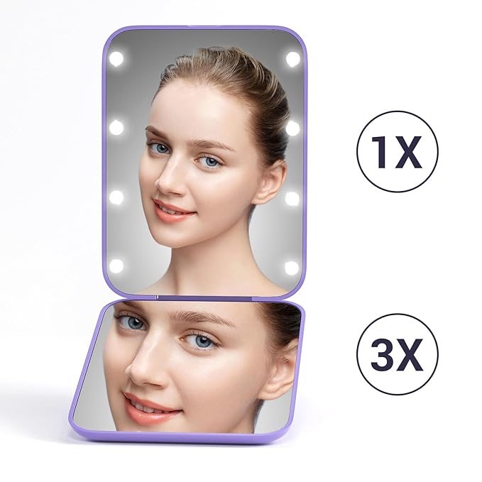 Kintion Pocket Mirror, 1X/3X Magnification LED Compact Travel Makeup Mirror with Light for Purse, 2-Sided, Portable, Folding, Handheld, Small Lighted Mirror for Gift, Purple
