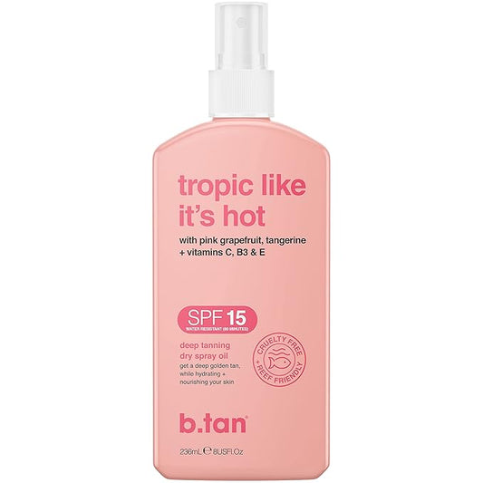 b.tan SPF 15 Deep Dry Spray Tanning Oil | Tropic Like It's Hot - Keeps Skin Hydrated & Hot from Grapefruit, Tangerine, Vitamins C, B5, E, A, 8 Fl Oz