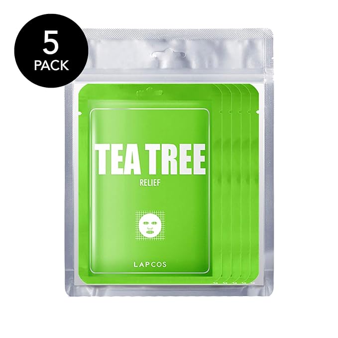 LAPCOS Tea Tree Sheet Mask, Daily Soothing Face Mask, Treats Acne & Clears Pores, Korean Beauty Favorite, 5-Pack