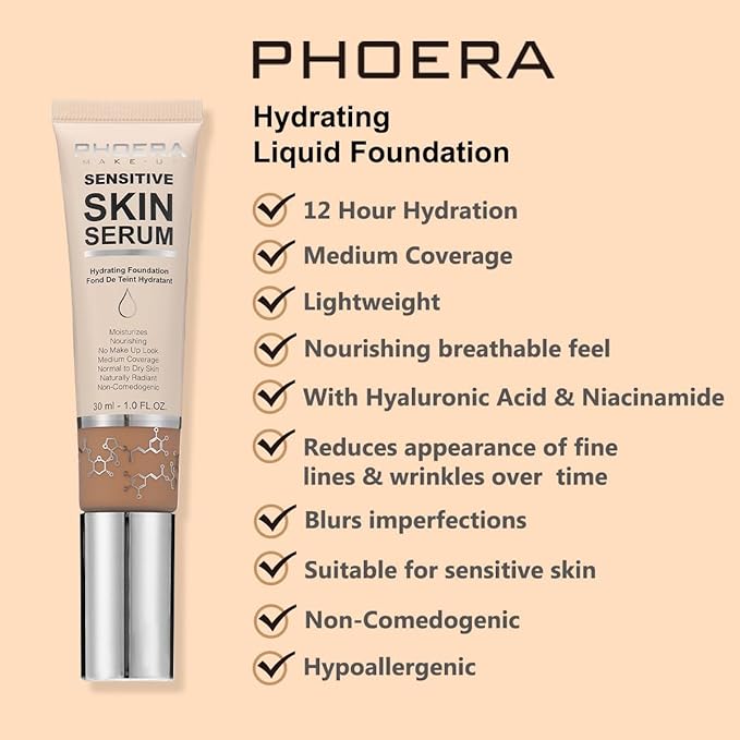 PHOERA Hydrating Serum Foundation,Flawless Full Coverage and Hypoallergenic Nude, norm)