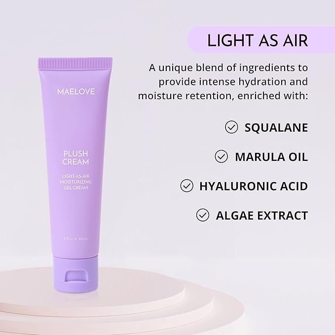 MAELOVE Plush Cream Lightweight Moisturizer, Unscented Hydrating Face Cream with Squalane, Hyaluronic Acid, For Oily and Sensitive Skin, Vegan, Made in USA, 2.0 fl oz