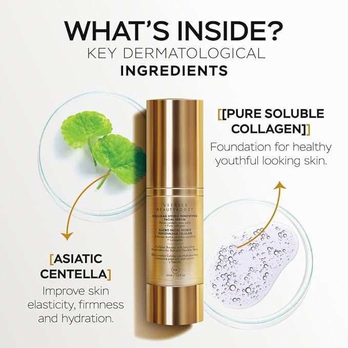 Beauty Boost Facial Serum, Anti Aging Cellular Hydro-Renewing Night Serum W/Cotton Stem Cells & Collagen for Women & Men, Hydrating Face Oil Moisturizer for Fine Lines & Wrinkles, 30 ml