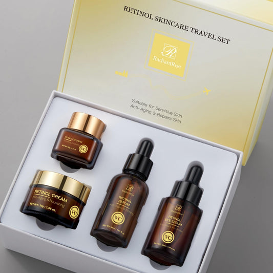 OKADY Retinol Skincare Travel Kit - Mini Facial Care Set,Travel Skincare Set with Essence, Cream & Eye Treatment | Hydrating Age-Defying Routine, Vacation-Ready Skincare Gifts