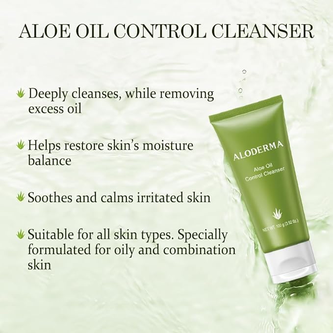 Aloderma Oil Controlling Facial Cleanser Made within 12 Hours of Harvest with Organic Aloe Vera - Clear Breakouts - Wintergreen to Help Purify & Deeeply Cleanse Pores - Calming Aloe Facial Wash, 3.5oz