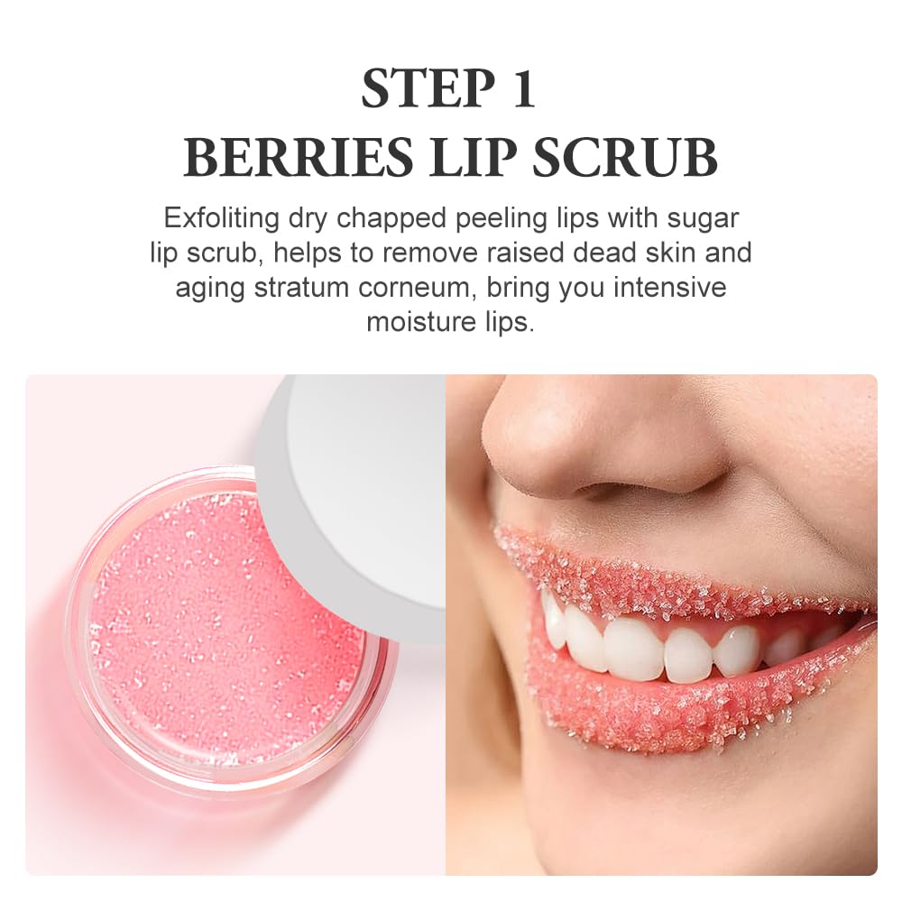 Strawberry Lip Scrub And Mask Set, Sugar Exfoliator Lip Scrub For Dark Lips To Lighten, Lip Care Kit, Sleeping Lip Mask, 1.4 oz / 2-piece