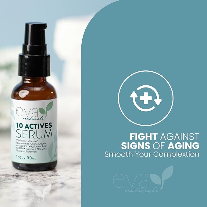 Eva Naturals 10 Actives Serum – Vitamin C, Niacinamide, Hyaluronic Acid, Turmeric, CoQ10 – Natural Anti Aging Face Serum for Dark Spots, Wrinkles, Acne, Skin Care & Facial Spot Remover