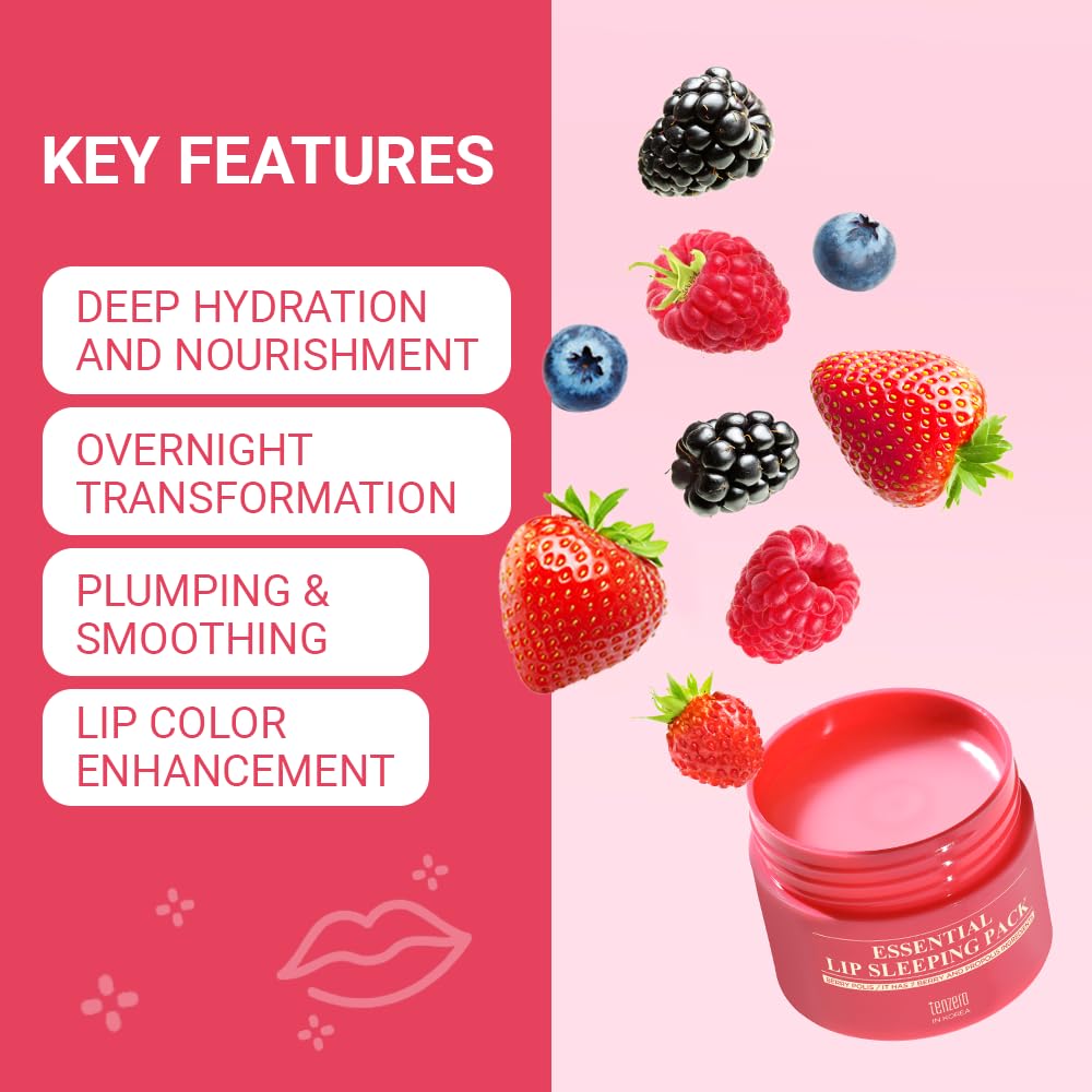 TENZERO Essential Lip Sleeping Pack Berry Polis 15g, Pink Lip Sleeping Mask, Improve Lip Texture, Highly Hydrating, Nourishing, Overnight Treatment Lip Balm, Suitable For All Skin Type