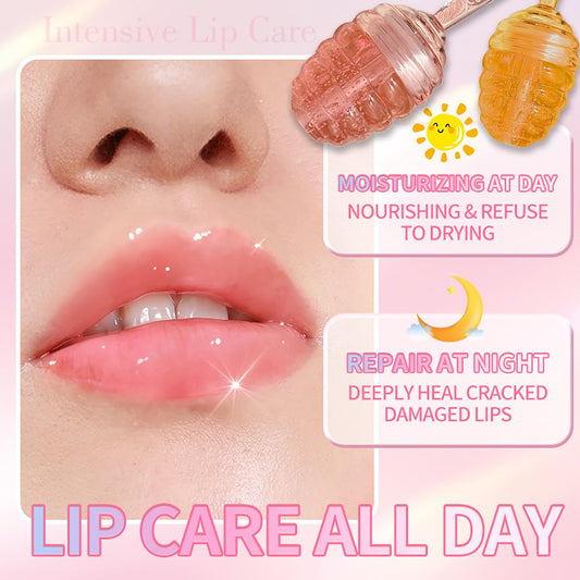 2 PCS Moisturizing Honey Pot Lip Oil Lip Gloss Lip Balm, Moisturizing Propolis Sleeping Lip Mask Hydrating & Prevention Dry, Winter Lip Care Products(Peach+Honey)