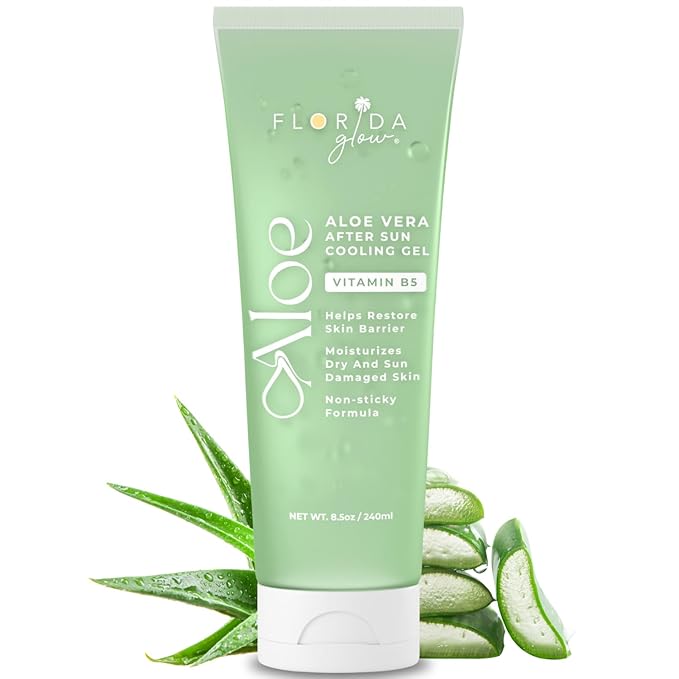 Aloe Vera After Sun Gel by Florida Glow - Organic Aloe Vera Gel for Sunburn Relief - 98% Pure Aloe Vera Moisturizer for Face, Skin - Enriched with Vitamin B5, Non-Sticky, Xanthan Free, Clear Gel