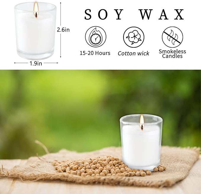 20 Pack White Unscented Glass Cup Candles - 15-20 Hour Burn Time, Soy Wax, Minimalist Style for Home Decor, Weddings, Parties & Special Occasions.