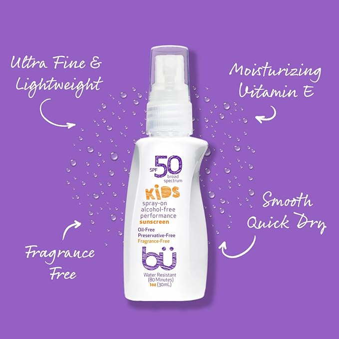 BU SPF 50 Kids Sunscreen Spray for Face and Body, Non Aerosol Spray, TSA Travel Size Sunscreen, Clear, Non Greasy, Water Resistant, Oil Free, Fragrance Free 1 oz