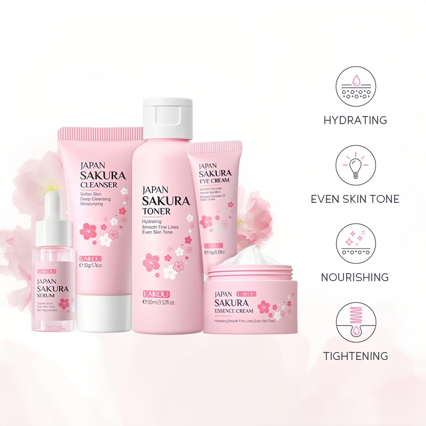 Skincare Set for Women, Skin Moisturizing Kit SAKURA Clean & Care for Teen Girls, Travel Daily Hydration Glowing Kit| Cleanser Toner Serum Eye Cream Face Cream (5PCS)