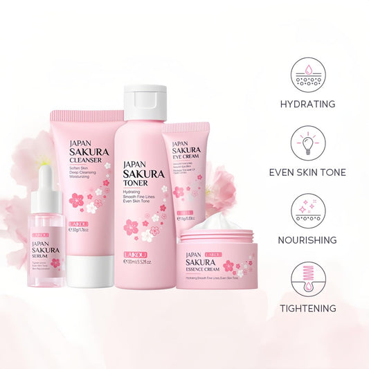 Skincare Set for Women, Skin Moisturizing Kit SAKURA Clean & Care for Teen Girls, Travel Daily Hydration Glowing Kit| Cleanser Toner Serum Eye Cream Face Cream (5PCS)