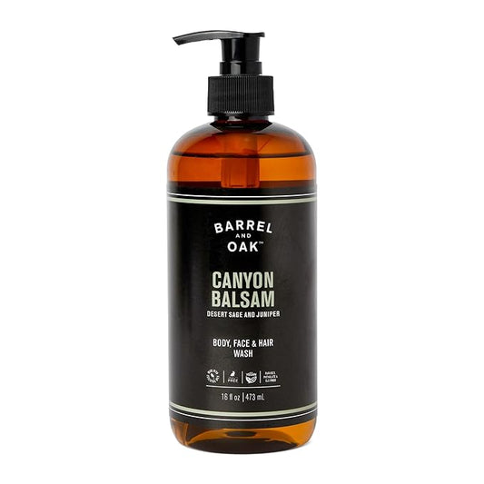 Barrel and Oak - All-In-One Body Wash, Men's Body Wash, Men's Soap for Hair, Face, & Body, Essential Oil-Based, Fir needle, Citrus Zest & Red Cedar Blend (Canyon Balsam, 16 oz)
