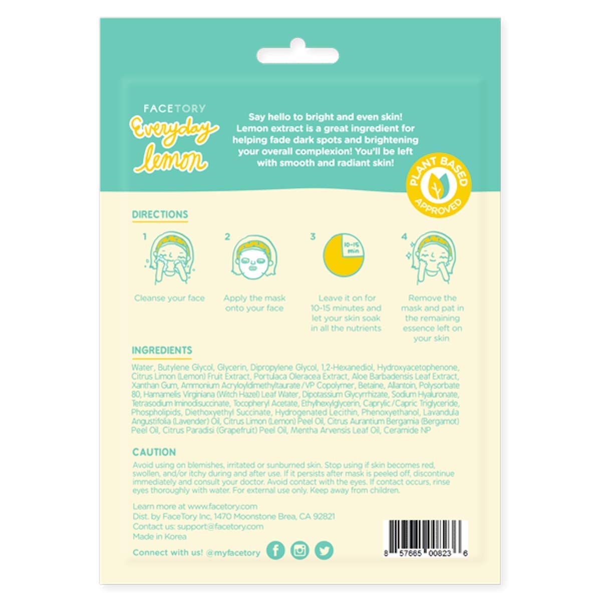 FACETORY K Beauty Face Mask Skin Care - Everyday LEMON Brightening Sheet Mask | Plant-Based with Lemon Extract (10 Pack)