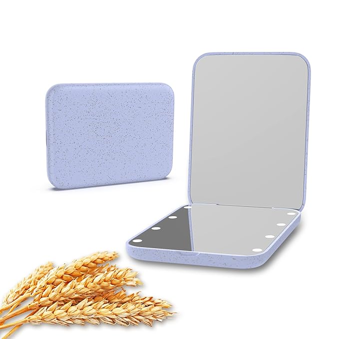 Kintion Wheat Straw Pocket Mirror, 1X/3X Magnification Travel Mirror for Purse, Folding Handheld Mirror, Small Lighted Compact Mirror for Gift, Purple