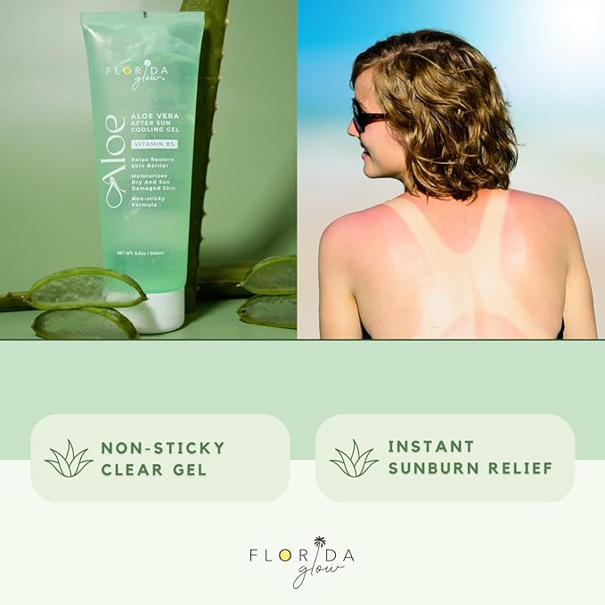 Aloe Vera After Sun Gel by Florida Glow - Organic Aloe Vera Gel for Sunburn Relief - 98% Pure Aloe Vera Moisturizer for Face, Skin - Enriched with Vitamin B5, Non-Sticky, Xanthan Free, Clear Gel