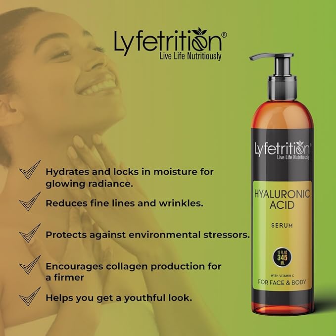 Hyaluronic Acid Serum for Skin, Moisturizing and Hydrating Serum for All Types of Skin, 100% Natural Face Serum with Vitamin C & Aloe Vera (12 Fl Oz), Clear Serum, (Lyfe7581)