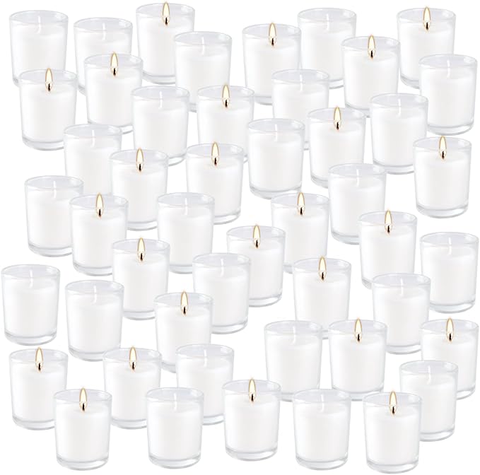 48 Pack Warm White Unscented Clear Glass Filled Votive Candles. Hand Poured Wax Candle Ideal Gifts for Aromatherapy Spa Weddings Birthdays Holidays Party.