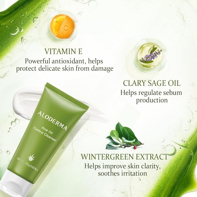 Aloderma Oil Controlling Facial Cleanser Made within 12 Hours of Harvest with Organic Aloe Vera - Clear Breakouts - Wintergreen to Help Purify & Deeeply Cleanse Pores - Calming Aloe Facial Wash, 3.5oz