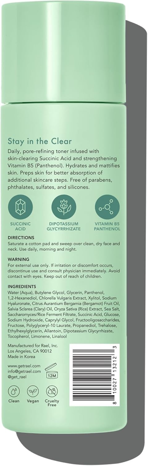 Rael Toner for Face, Miracle Clear - Reducing Pores and Oils with Succinic Acid, Hydrating Vitamin B5, Vegan, Korean Skin Care (5.1 fl oz)