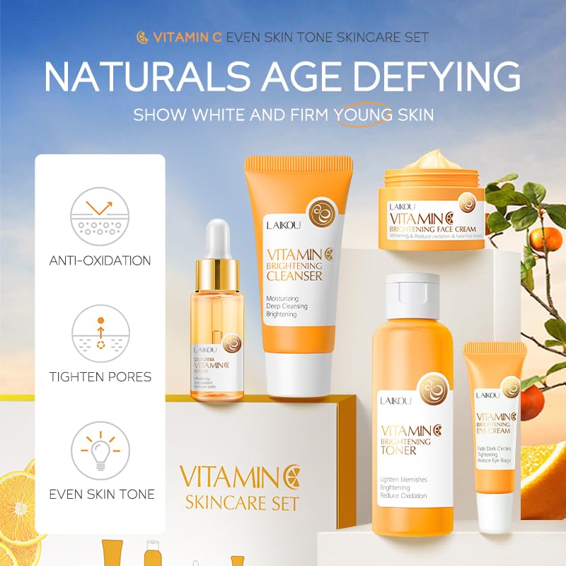 5Pcs Skincare Gift Set for Teenage Girls, Vitamin C Face Skin Care Kit With Cleanser, Toner, Face Serum, Eye Cream, Cream, Travel Skin Care Sets & Kits, Hydrating Facial Kit Skincare Set for Women Men