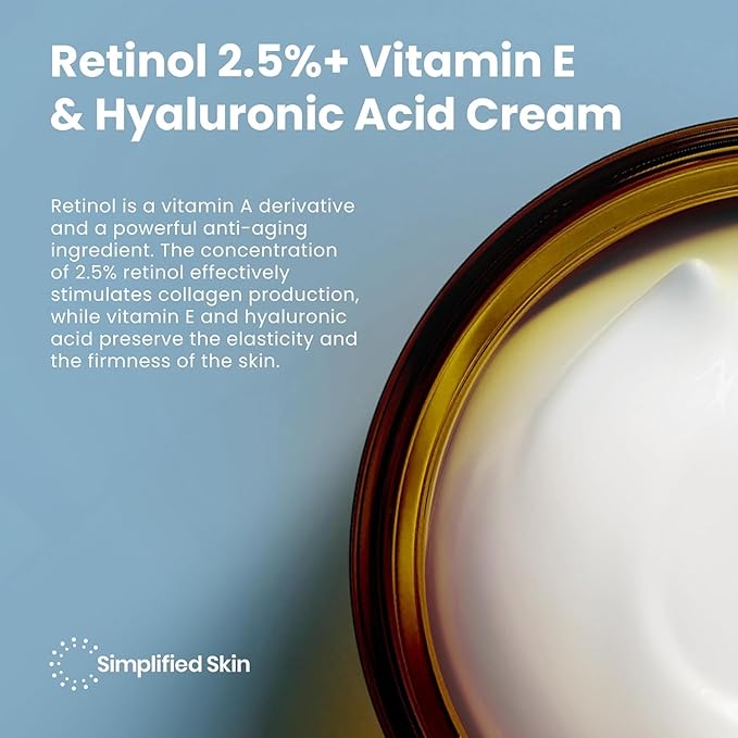 Simplified Skin Retinol Cream for Face – With 2.5% Retinol, Vitamin E & Hyaluronic Acid for Anti-Aging & Wrinkles - Hydrating Night Moisturizer – 1.7Oz