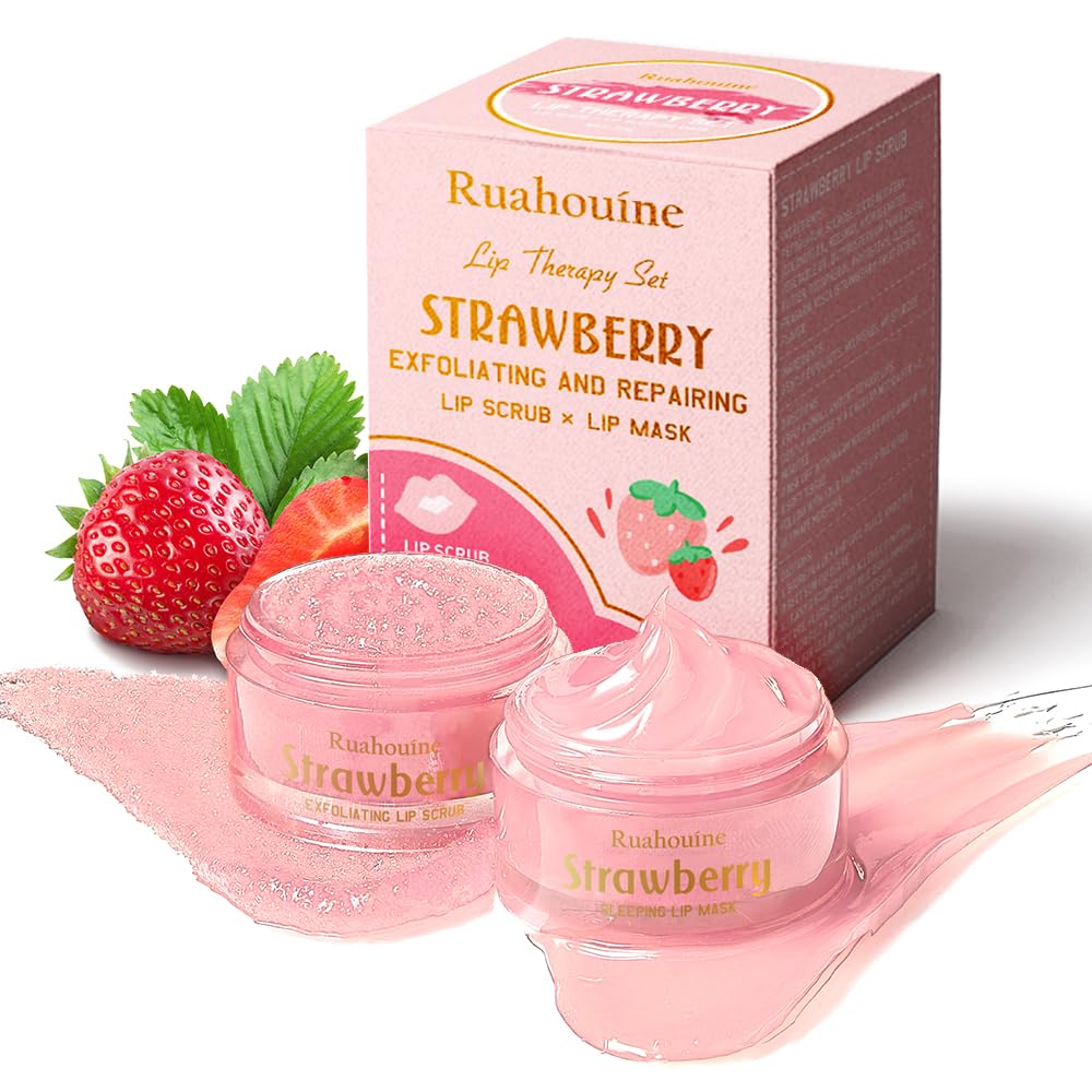 Strawberry Lip Scrub And Mask Set, Sugar Exfoliator Lip Scrub For Dark Lips To Lighten, Lip Care Kit, Sleeping Lip Mask, 1.4 oz / 2-piece