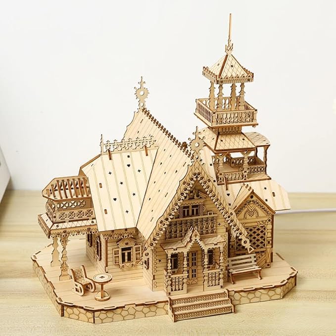 3D Wooden Puzzles for Adults 267pcs Vintage LED Light Villa DIY Wooden Assembly Kit for Teens Home Decor