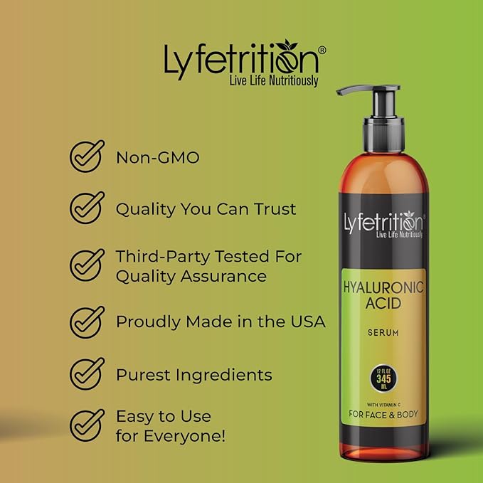 Hyaluronic Acid Serum for Skin, Moisturizing and Hydrating Serum for All Types of Skin, 100% Natural Face Serum with Vitamin C & Aloe Vera (12 Fl Oz), Clear Serum, (Lyfe7581)
