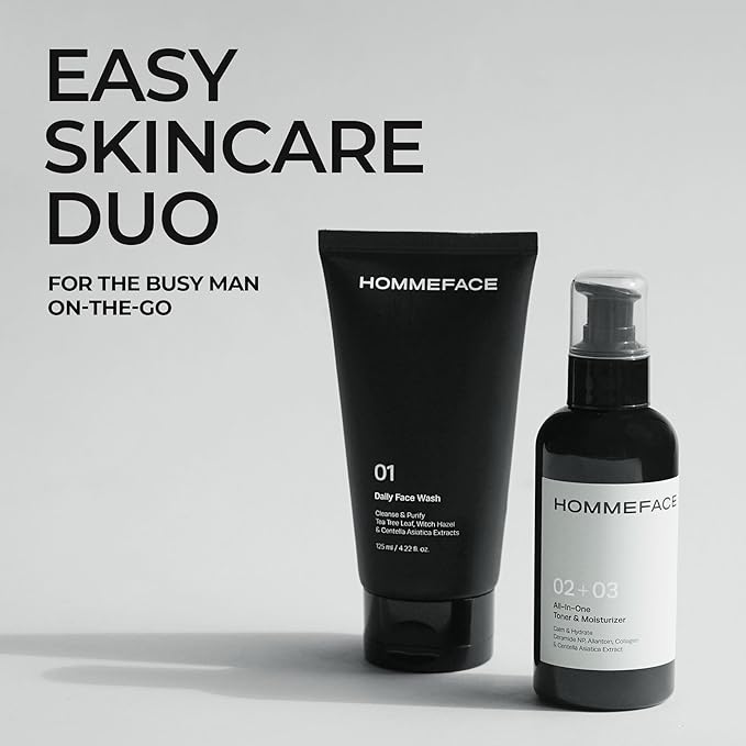 HOMMEFACE Men’s Easy Duo Skin Care Set, 2-Step Daily Routine Kit with Facial Cleanser and 2-in-1 Face Toner & Moisturizer for Men, For Oily & Acne-Prone Skin, 9.29 fl.oz.