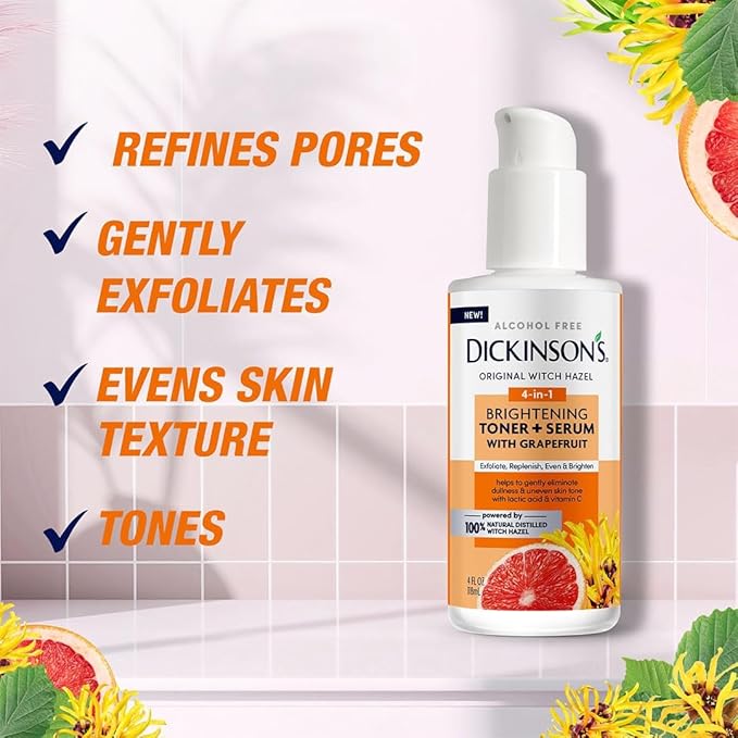 Dickinson's Original Witch Hazel Brightening Toner + Serum with Grapefruit | 100% Natural Distilled Witch Hazel | Alcohol-Free | Gently Exfoliates & Tones Skin | Refines Pores| 4 Fl Oz