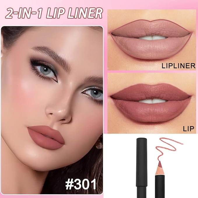 2 Pcs Natural Nude Brown Beige Colors Lip Liner Lipstick Pencils Set for Daily Makeup,Easy to Apply & Remove,Waterproof