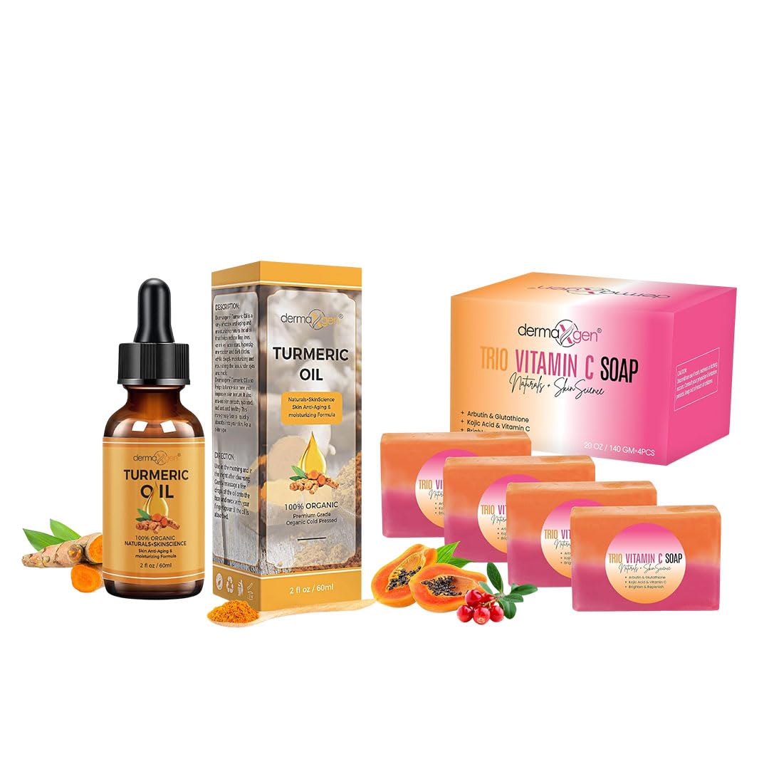 Turmeric Oil & Kojic Acid Soap Skincare Bundle – Organic Face Oil (2 fl oz) + Brightening Soap Bars with Vitamin C & Botanical Extracts (4 x 5 oz) – Daily Glow & Hydration Set for Face & Body
