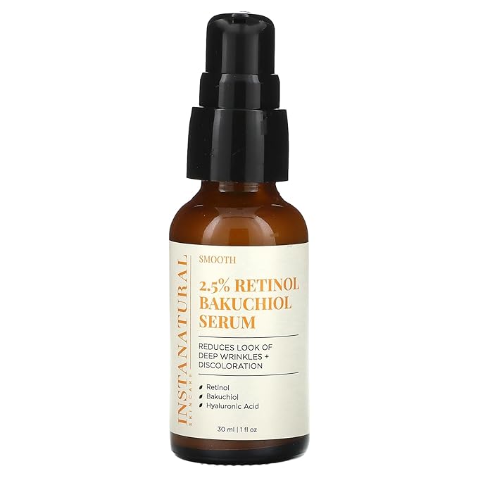 InstaNatural Retinol Serum for Face with 2.5% Retinol, Bakuchiol, Hyaluronic Acid & Squalane | Smoothing Serum for Even-Toned, Youthful-Looking Skin – 1 Fl Oz