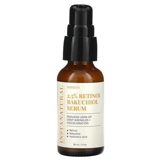 InstaNatural Retinol Serum for Face with 2.5% Retinol, Bakuchiol, Hyaluronic Acid & Squalane | Smoothing Serum for Even-Toned, Youthful-Looking Skin – 1 Fl Oz